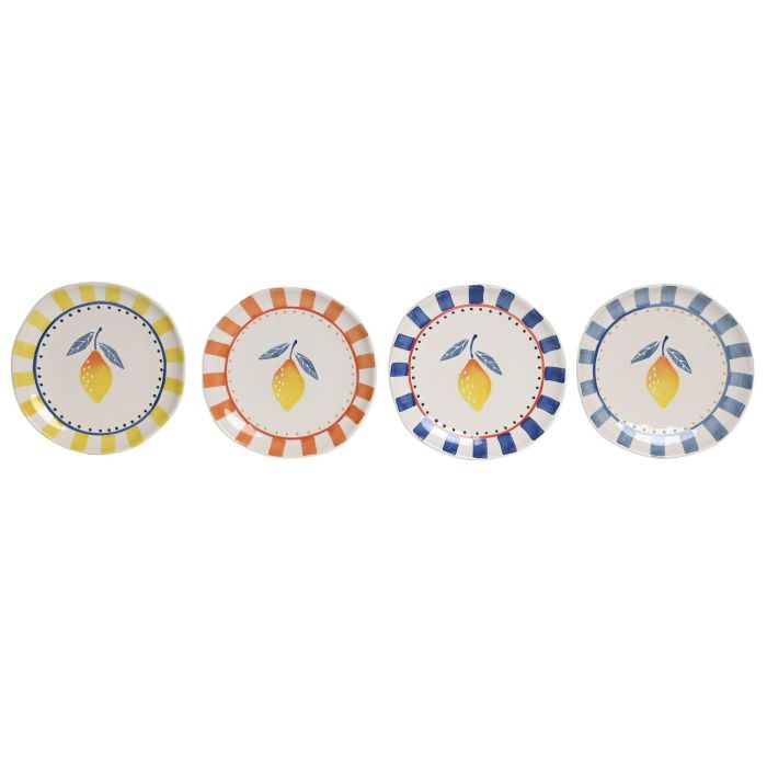 DKD Home Decor Plato Mediterraneo Azul Amarillo Gres 20.5 x 2.8 x 20.5 cm (4 Unidades)