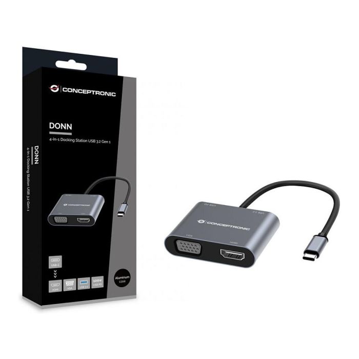 Conceptronic Donn16 Hub USB-C Multipuerto, 4 en 1 con HDMI 4K, VGA, USB-C PD 100W y USB 3.0 - Adaptador Docking para Laptop