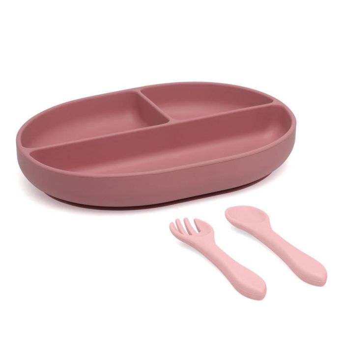 KioKids Set Cubiertos y Bandeja BLW en Silicona con Ventosa y Divisiones Rosa +6 Meses 2