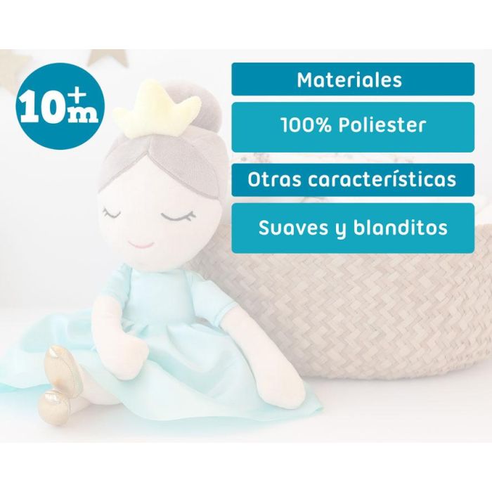 KioKids Peluche Princesa Azul 40 cm +10 Meses Muñeca de Tela para Niños 4
