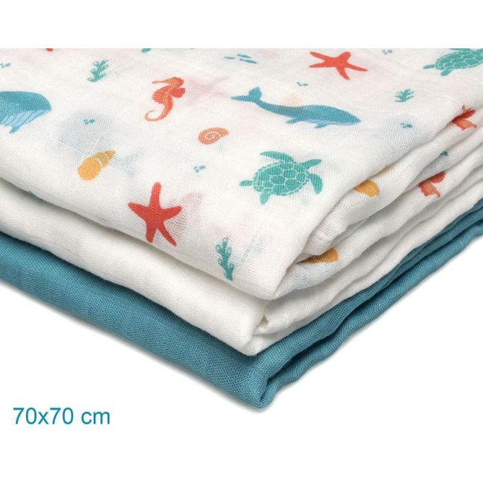 KioKids Set de 3 Muselinas 70x70 cm - Azul, Blanco y Marino - Bambú y Algodón - para Bebés +0 Meses KioKids Set de 3 Muselinas 70x70 cm - Azul, Blanco y Marino - Bambú y Algodón - para Bebés +0 Meses