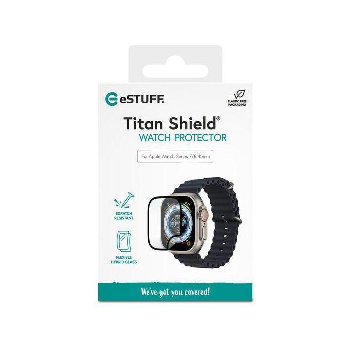 eSTUFF Titan Shield Protector de Pantalla Híbrido Flexible para Apple Watch Series 9/8/7 de 45 mm - Transparente/Negro eSTUFF Titan Shield Protector de Pantalla Híbrido Flexible para Apple Watch Series 9/8/7 de 45 mm - Transparente/Negro
