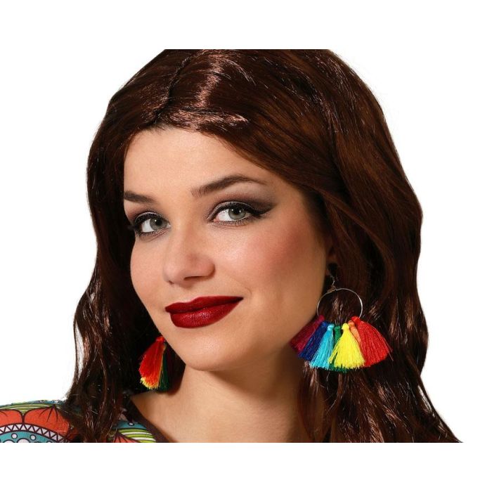 Pendientes Aro Flecos Multicolor Mujer Adulto para Looks Boho, Festivales de Verano y Disfraces Hippies