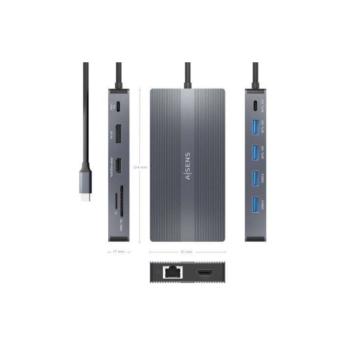 AISENS - USB-C DOCK 12 EN 1, USB-C A 2xHDMI, 1xDISPLAYPORT, 1xRJ45, 4xUSB-A, 1xUSB-C, 1xUSB-C PD, 1xSD, 1xMICRO SD, GRIS, 20CM 2
