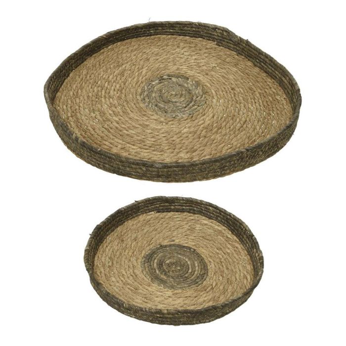 Null Set 2 maceteros de esparto redondos con asas, madera de paulonia, Ø35x4cm y Ø50x4cm 1
