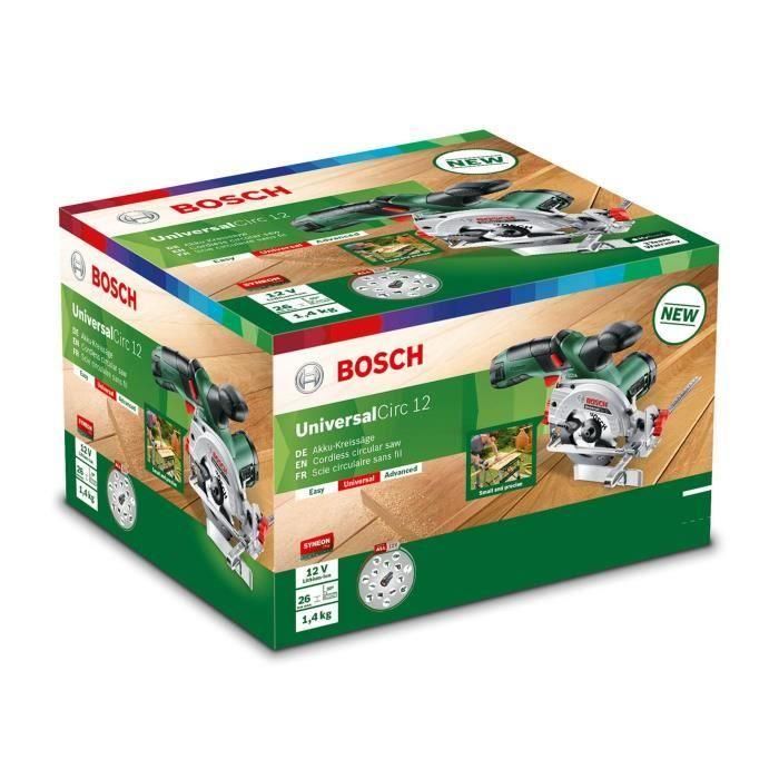 Bosch UniversalCirc 12 Sierra circular a batería 12V 2,5Ah, hoja 85mm, corte 26mm, con 1 batería y LED 1