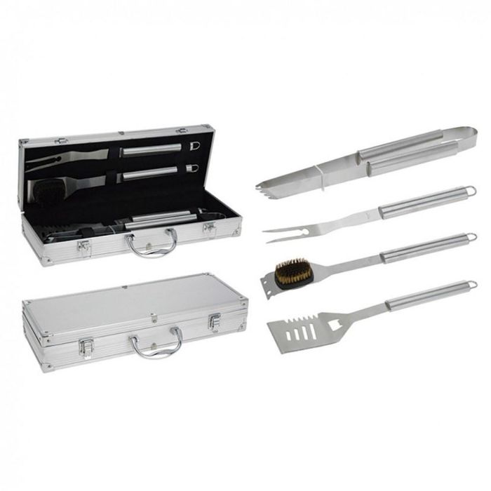 Set de 4 utensilios para barbacoa en acero inoxidable, en caja de aluminio - Pinzas, espátula, tenedor y cepillo 1 Set de 4 utensilios para barbacoa en acero inoxidable, en caja de aluminio - Pinzas, espátula, tenedor y cepillo 1
