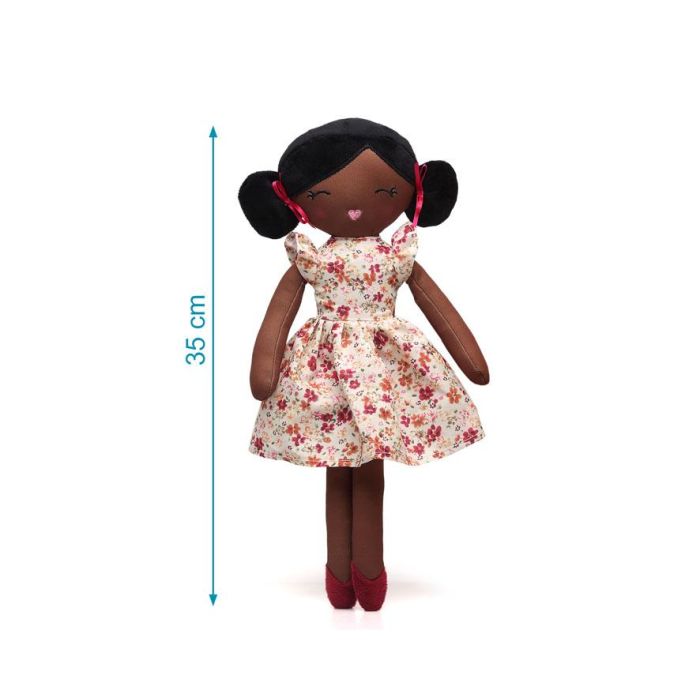 KioKids Muñeca de Trapo Morena con Vestido de Flores y Lacitos Rosas, 100% Poliéster, +10 Meses 2