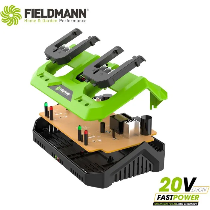 Fieldmann Cargador Doble FIE8590669303960 para Baterías de 20V, Carga Rápida 2Ah en 60 Minutos, Compatible con Baterías de 2Ah y 4Ah 1