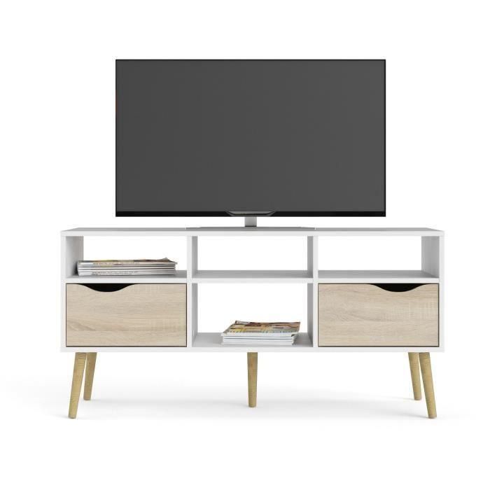 TVILUM 7539149AK Mueble para Televisión con 4 Nichos y 2 Cajones, Acabado Blanco y Roble, 117,2x39,1x57,4 cm 1