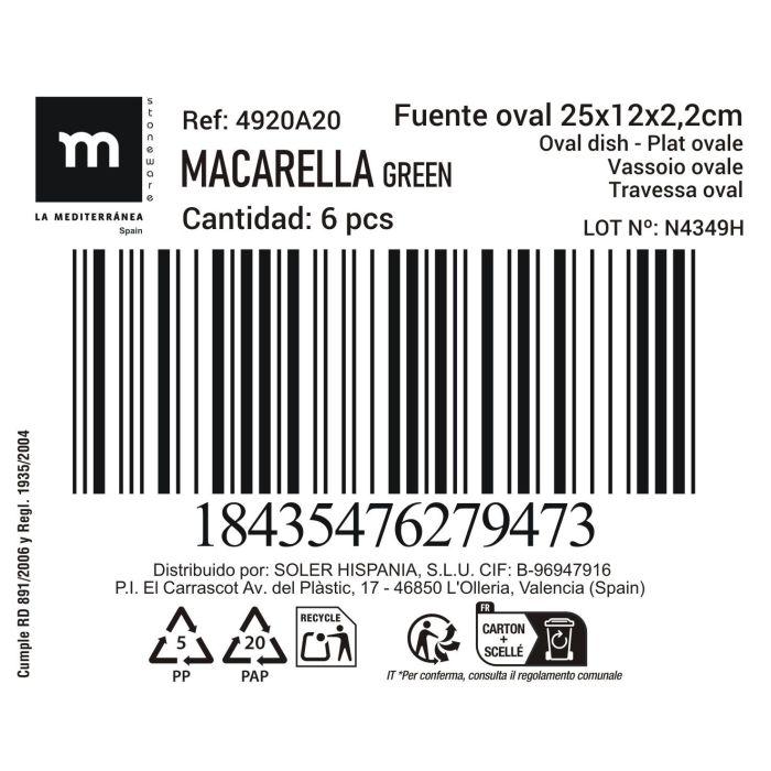 La Mediterranea Fuente Oval Macarella Green 25 x 12 x 2,2 cm (24 Unidades) 1