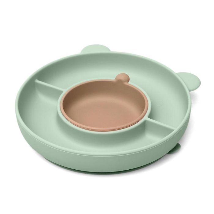KioKids Plato de Silicona con 3 Compartimentos, Ventosa y Diseño de Oso para BLW, Verde, de Grado Alimentario y Lavavajillas, Edad +6 Meses