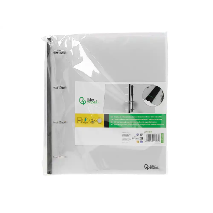 Liderpapel Carpeta 4 Anillas Redondas 25 mm Polipropileno DIN A4 Ultra Compacta Lomo Extensible 4 cm Translucida 7