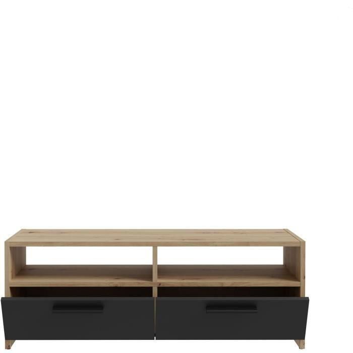 Mueble TV PILVI - Estilo contemporáneo - Decoración Roble y Negro - 2 solapas + 2 nichos - L 95 x P 36 x H 34,5 cm 4 Mueble TV PILVI - Estilo contemporáneo - Decoración Roble y Negro - 2 solapas + 2 nichos - L 95 x P 36 x H 34,5 cm 4