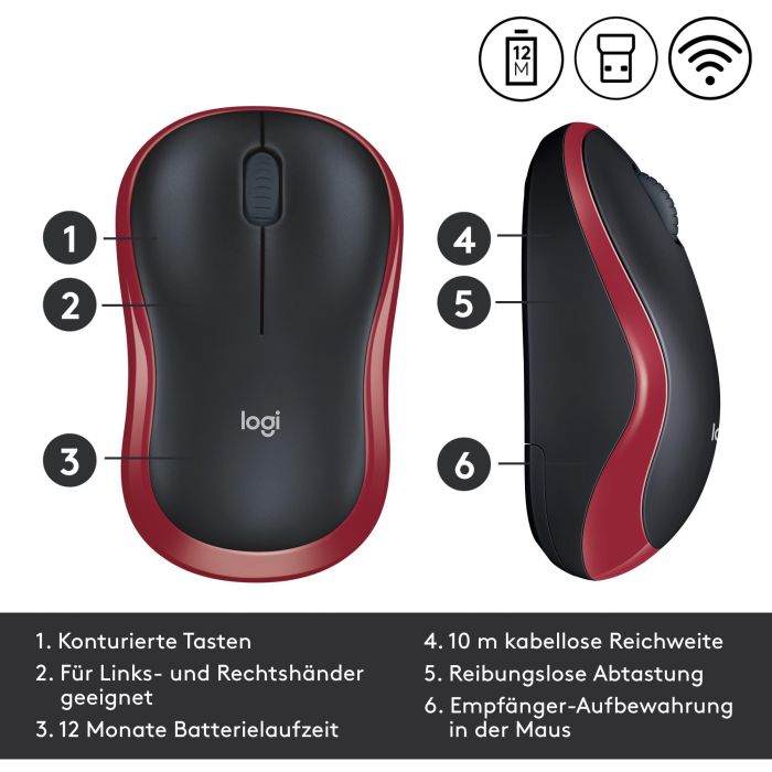 Logitech M185 Ratón Inalámbrico RF Plug-and-Play Rojo con Nano Receptor USB, Ergonómico, Fiable, Batería 1 Año 13