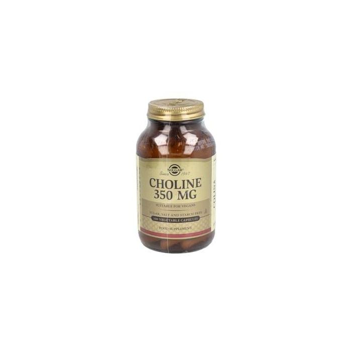 Solgar Colina 350 mg 100 Cápsulas Vegetales - Suplemento Esencial para Función Hepática y Metabolismo Graso. Apto Vegano.