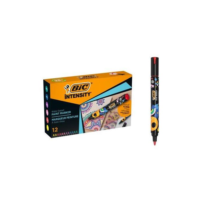 Bic Rotulador Intensity Paint Marker, tinta base agua, punta cónica media, colores surtidos, caja de 12 unidades, para múltiples superficies