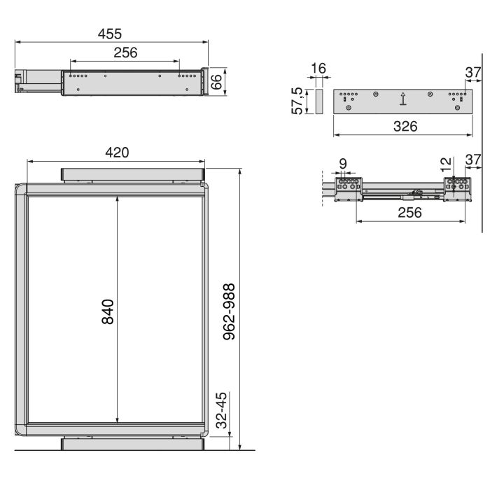 Emuca Bastidor con guías de cierre suave y extracción total para accesorios de armario Quartz, 962-988mm, Aluminio y Plástico, Titanio 19