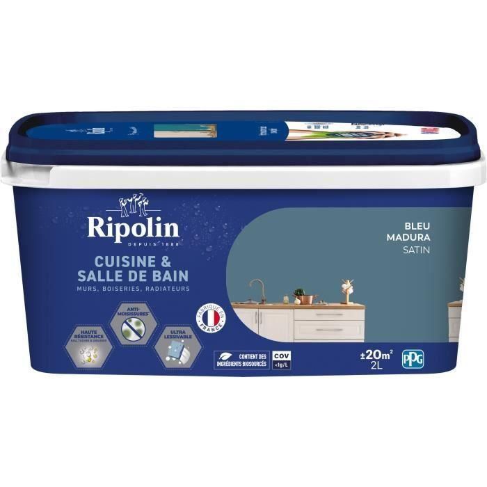 Pintura paredes, carpintería, techos, radiadores - RIPOLIN - Cocina y baño - 2 L - Azul Madura Pintura paredes, carpintería, techos, radiadores - RIPOLIN - Cocina y baño - 2 L - Azul Madura