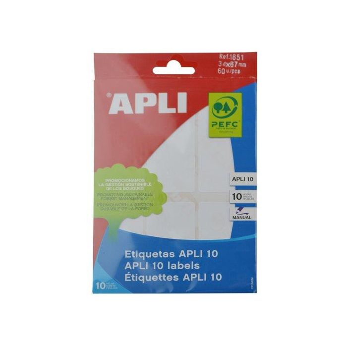 Apli Etiquetas Adhesivas Blancas 34x67 mm para Escritura Manual, Pack de 10 Hojas (60 Etiquetas)