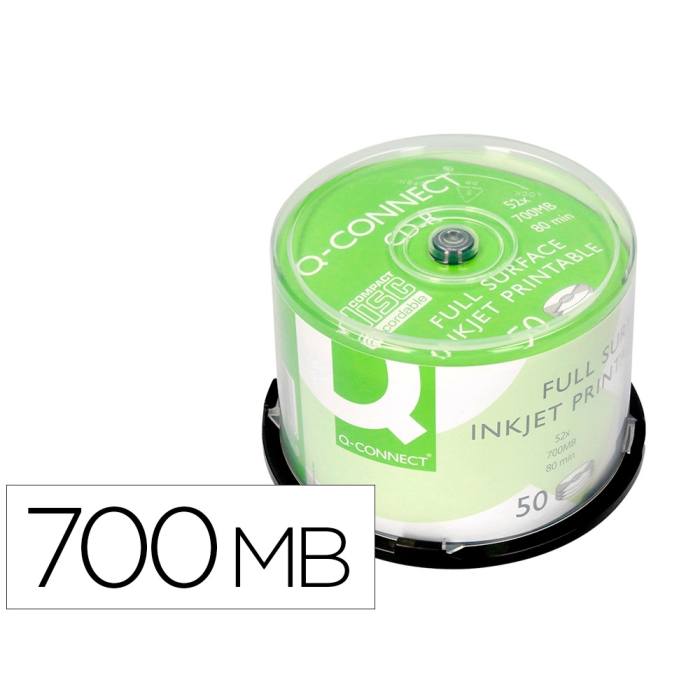 Q-connect CD-R con Superficie 100% Imprimible para Inkjet, Capacidad 700MB, Duración 80min, Velocidad 52x, Bote de 50 Unidades 0 Q-connect CD-R con Superficie 100% Imprimible para Inkjet, Capacidad 700MB, Duración 80min, Velocidad 52x, Bote de 50 Unidades 0