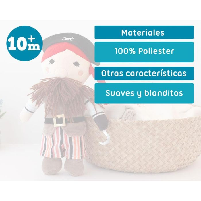 KioKids Peluche Pirata Aventurero de Tela Multicolor 33 cm. Juguete de Poliéster Suave y Auténtico para Fomentar Juegos de Roles en Niños +10 Meses 4
