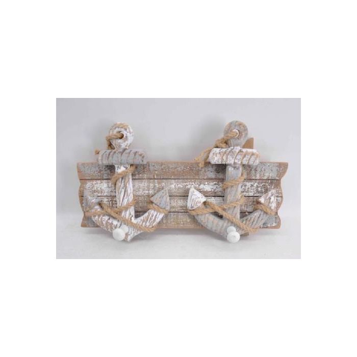DKD Home Decor Perchero para Pared Atlantico Gris de Madera y Cuerda, con Diseño Anclas, Dimensiones 31x7x17 cm (4 Unidades)