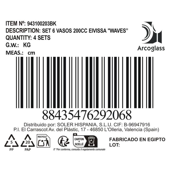 Set 6 Vasos 200 cc Eivissa Waves - Inde (8 Cajas) 4 Set 6 Vasos 200 cc Eivissa Waves - Inde (8 Cajas) 4