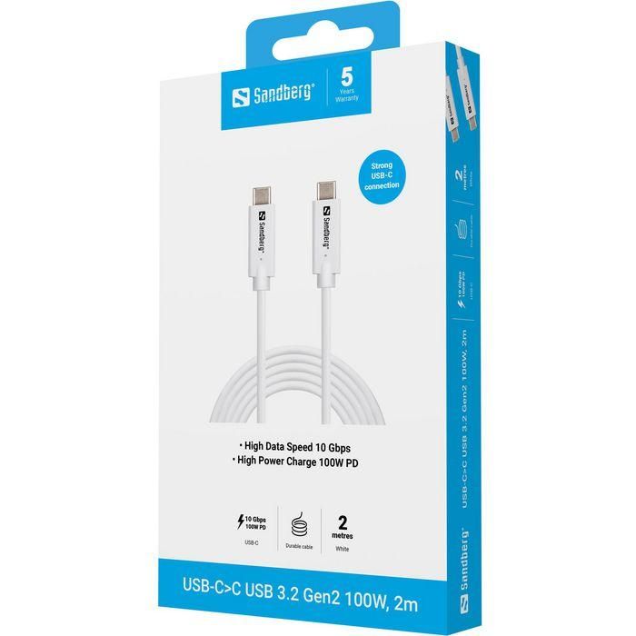 Sandberg USB-C to C USB 3.2 Gen 2 100W Cable de Carga Rápida y Transferencia de Datos 10 Gbps, 2 Metros