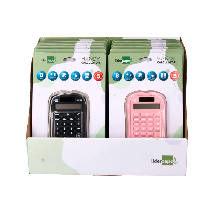 Liderpapel Calculadora xf44 Bolsillo 8 Dígitos Solar y Pila 94x59,5x10,5mm Colores Negro Verde Rosa Exp de 16 2