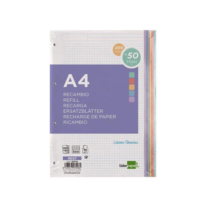 Recambio Liderpapel A4 200+50 Hojas 90 gr-M2 Cuadro 5 mm 4 Taladros Bandas De 5 Colores 1