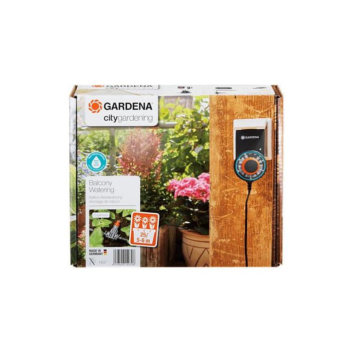 GARDENA 1407-20 City Gardening Balkon Bewässerung para 5-6 m², Sistema de Riego por Goteo, Manguera 10 m, 4.6 mm, 25 Goteros, Negro/Gris, Origen Alemania