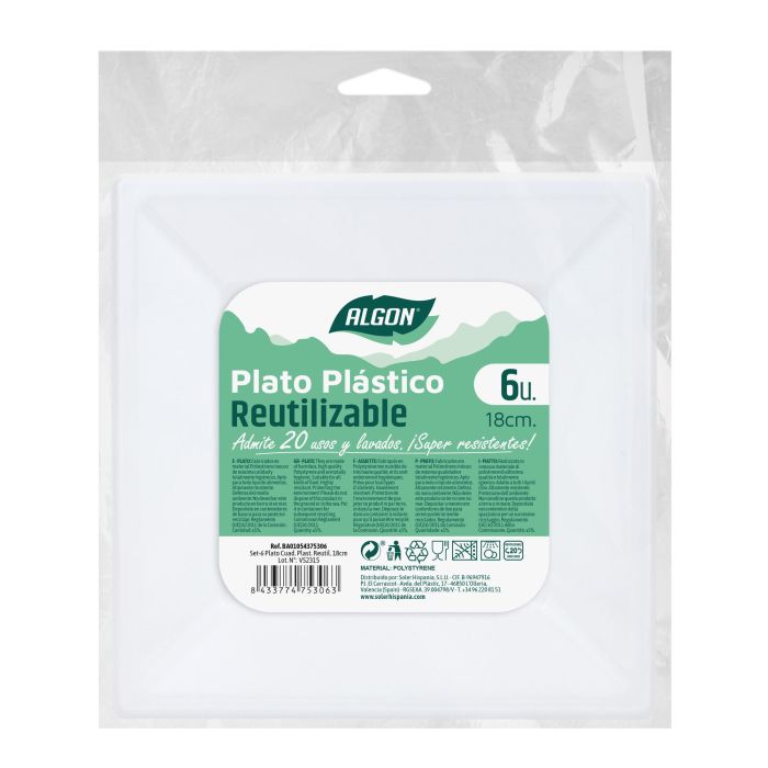 Set de 6 platos cuadrados premium de plástico Algon 18 cm (36 Cajas) 1 Set de 6 platos cuadrados premium de plástico Algon 18 cm (36 Cajas) 1