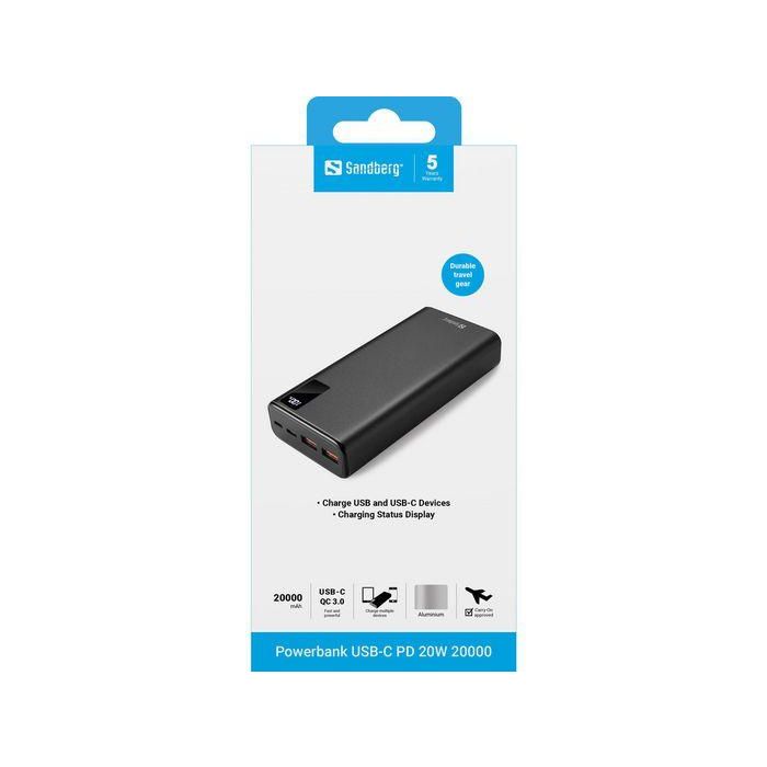 Sandberg Powerbank 20000 mAh, Batería Externa USB-C PD 20W de Aluminio, Carga Rápida para Móviles con USB-A 1 Sandberg Powerbank 20000 mAh, Batería Externa USB-C PD 20W de Aluminio, Carga Rápida para Móviles con USB-A 1