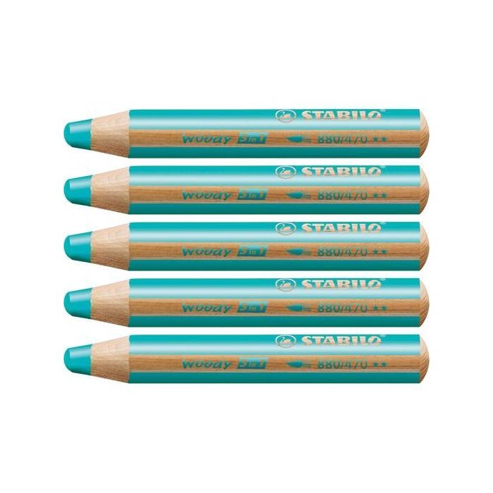 Stabilo Lápices De Colores Woody 3 En 1 Turquesa Estuche 5 Ud Lápiz De Color, Cera, Acuarela