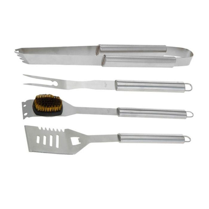 Set de 4 utensilios para barbacoa en acero inoxidable, en caja de aluminio - Pinzas, espátula, tenedor y cepillo 0 Set de 4 utensilios para barbacoa en acero inoxidable, en caja de aluminio - Pinzas, espátula, tenedor y cepillo 0
