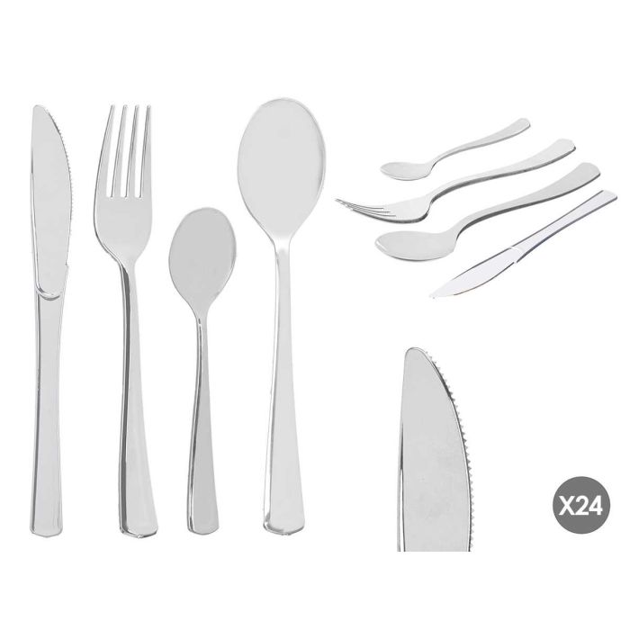 Set 24 Cubiertos de Plástico Plateado Kinvara - Incluye Cuchillo 20 cm, Cuchara 17.5 cm, Tenedor 19 cm (24 Unidades) Set 24 Cubiertos de Plástico Plateado Kinvara - Incluye Cuchillo 20 cm, Cuchara 17.5 cm, Tenedor 19 cm (24 Unidades)