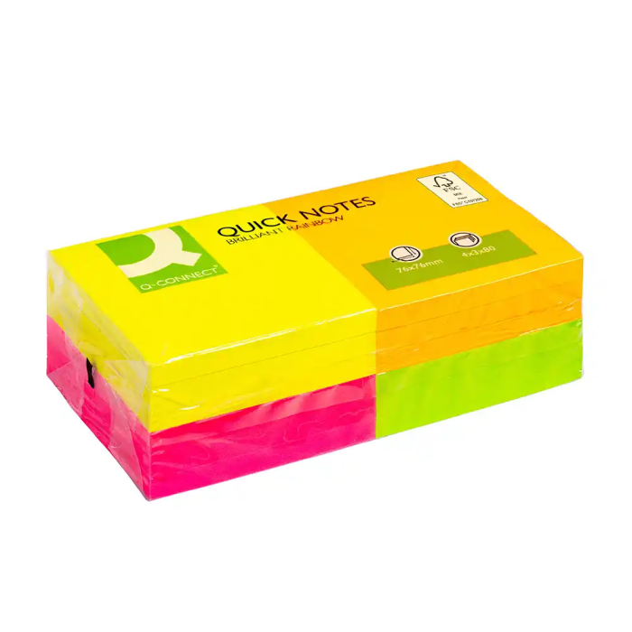 Q-connect Bloc de Notas Adhesivas Quita y Pon 76x76 mm con 80 Hojas Fluorescentes, Pack de 12 Surtidas en 4 Colores 1