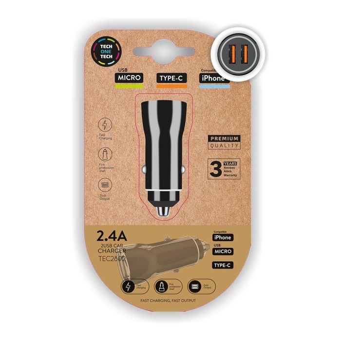 Tech on tech Cargador Coche Mechero 2.4A 3 Puertos USB Carga Rápida para Móvil iPhone Micro USB Type-C Negro Tech on tech Cargador Coche Mechero 2.4A 3 Puertos USB Carga Rápida para Móvil iPhone Micro USB Type-C Negro
