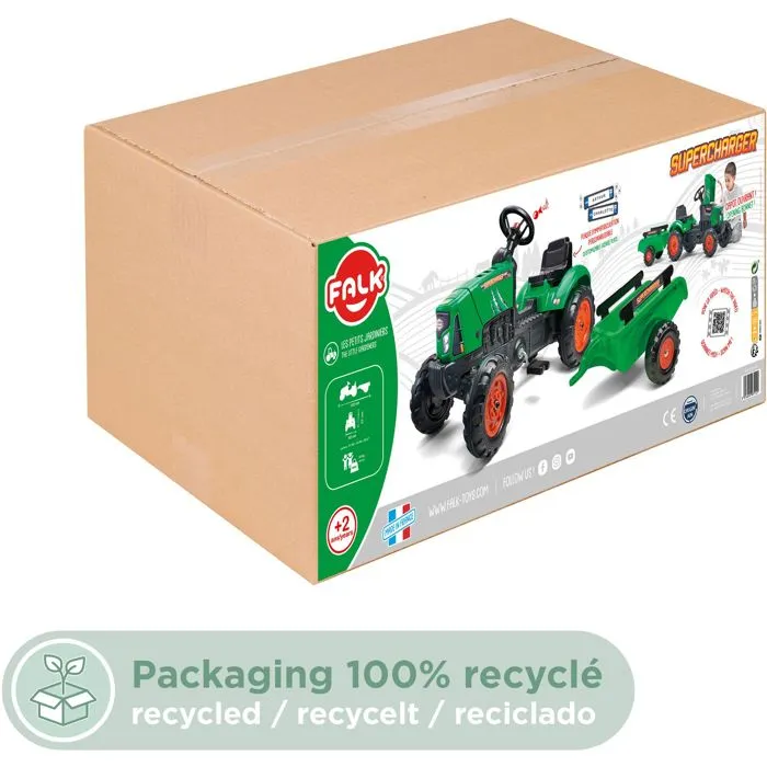 FALK Tractor de pedal Supercharger rojo con capó de apertura y remolque para niños de 2 a 5 años 5