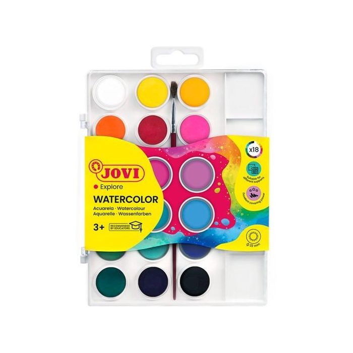 Jovi Acuarelas en Pastillas 22mm Colores Surtidos con Pincel Estuche 18 Unidades - Secado Rápido, Acabado Cubriente