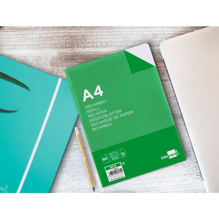 Recambio Liderpapel A4 80 Hoja 60 gr-M2 Cuadro 4 mm Con Margen 4 Taladros 1