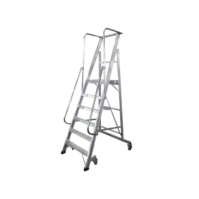 KTL Escalera móvil aluminio plataforma y guardacuerpos plegable 6 peldaños serie 2XL-S, soporta 150 kg, altura hasta plataforma 140 cm 1