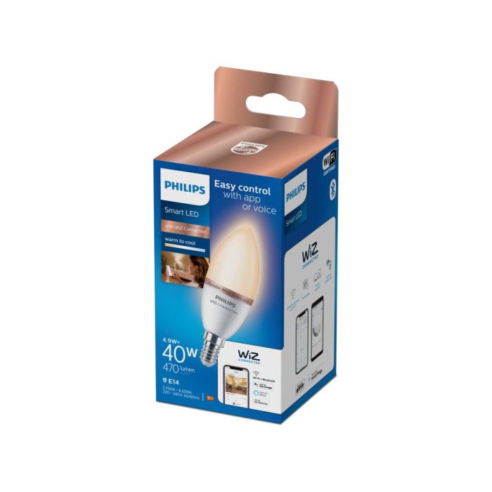 Bombilla led vela e14 4,9w 2.700k-6.500k 470lm wifi philips wiz 1