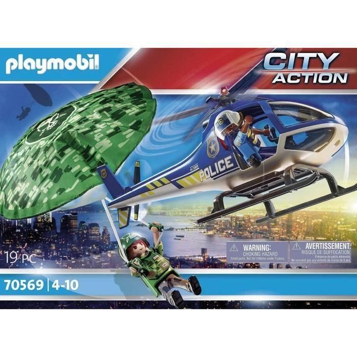 Playmobil Helicóptero de Policía City Action: Set de Juguete para Persecución en Paracaídas, Aventura Aérea para Niños +4 años 2