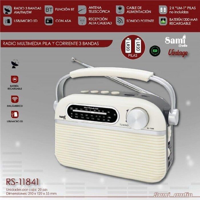 SAMI Radio Vintage Crema AC/DC 3 Bandas con Bluetooth, USB y Micrófono