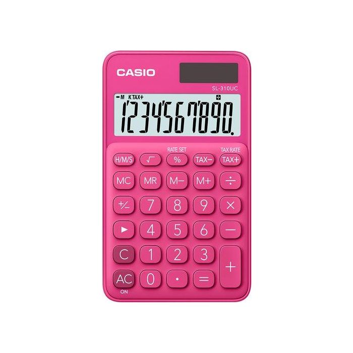 Casio SL-310UC-RD Calculadora de Bolsillo 10 Dígitos Fucsia - Solar y Pila, Porcentaje, Impuestos