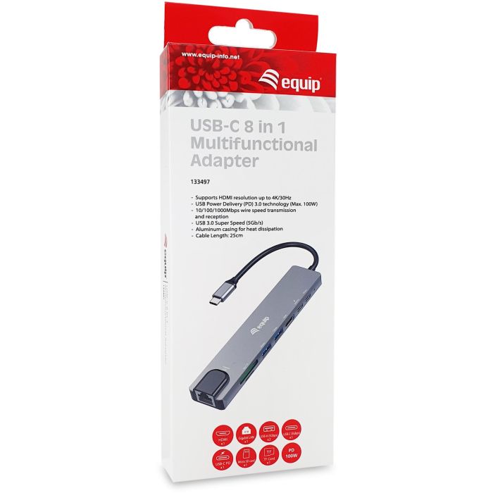 EQUIP Adaptador USB-C a HDMI, GbE, 3xUSB3.2 Gen1, SD/TF, PD 100W (133497) 3 EQUIP Adaptador USB-C a HDMI, GbE, 3xUSB3.2 Gen1, SD/TF, PD 100W (133497) 3