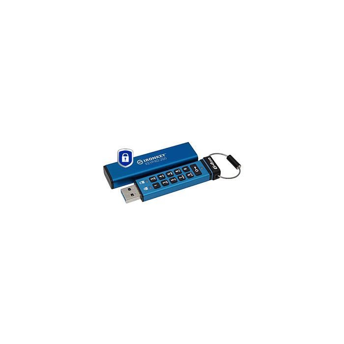 Kingston IronKey Keypad 200 USB 3.2 Gen 1 - Llavero USB seguro de 64 GB, FIPS 140-3, AES-256, IP68, Azul
