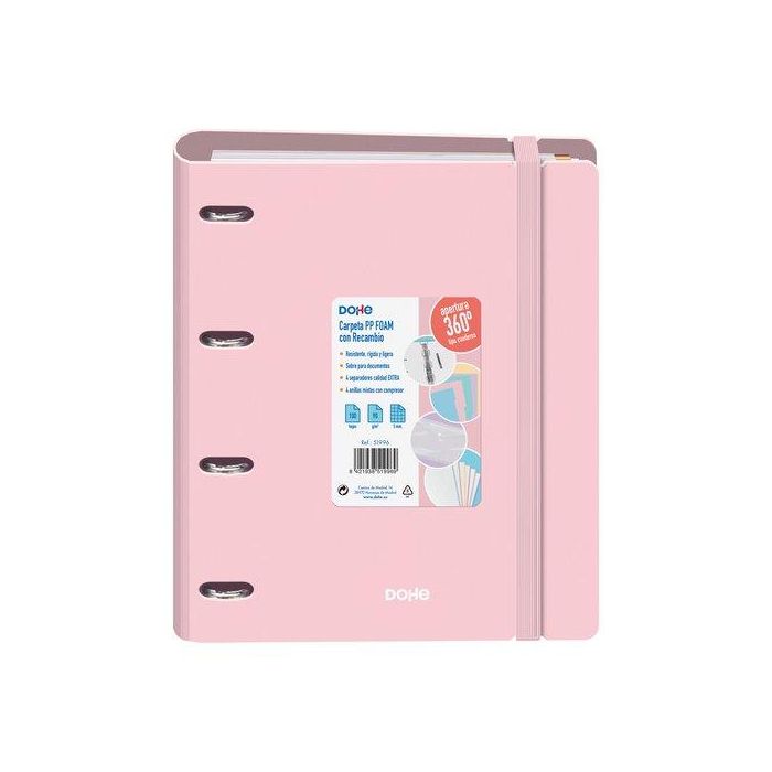 Dohe Carpeta Anillas Mixtas Recambio A4 4x35 mm 100H 90 gr 5x5 mm Rosa Pastel con 4 Separadores y Sobre Velcro